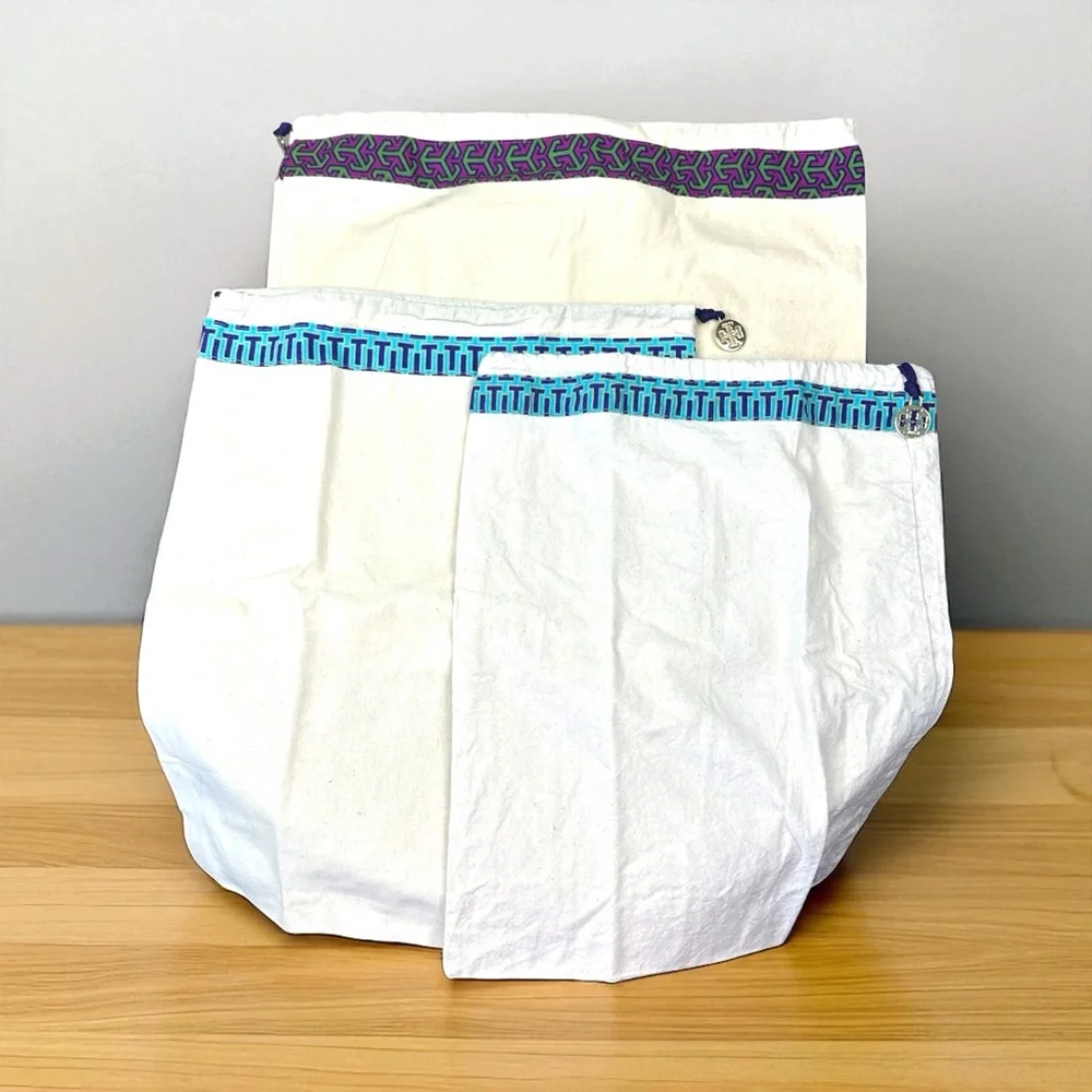 Tory Burch Set Of 3 White Canvas Bags with Purple‎ and Blue Accents drawstring